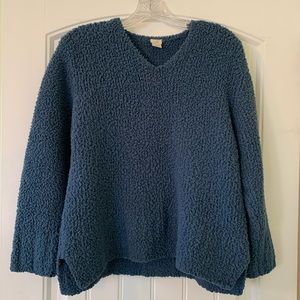 J Jill blue V neck pull over nylon sherpa sweater size medium